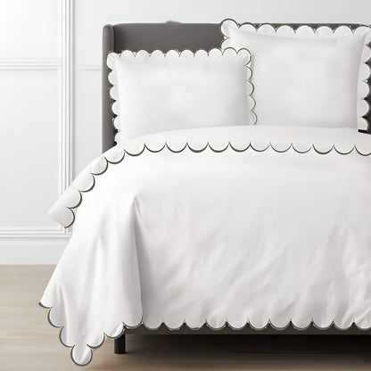 Allena 400TC Cotton Scallop Embroidery Sateen Solid Duvet Cover Set