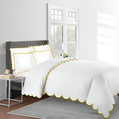 Allena 400TC Cotton Scallop Embroidery Sateen Solid Duvet Cover Set