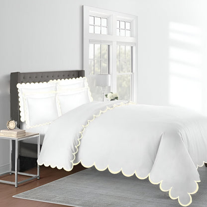 Allena 400TC Cotton Scallop Embroidery Sateen Solid Duvet Cover Set