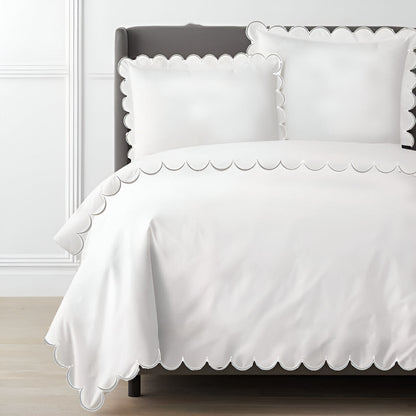 Allena 400TC Cotton Scallop Embroidery Sateen Solid Duvet Cover Set