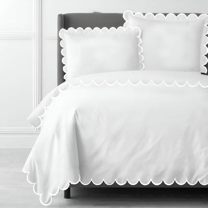 Allena 400TC Cotton Scallop Embroidery Sateen Solid Duvet Cover Set