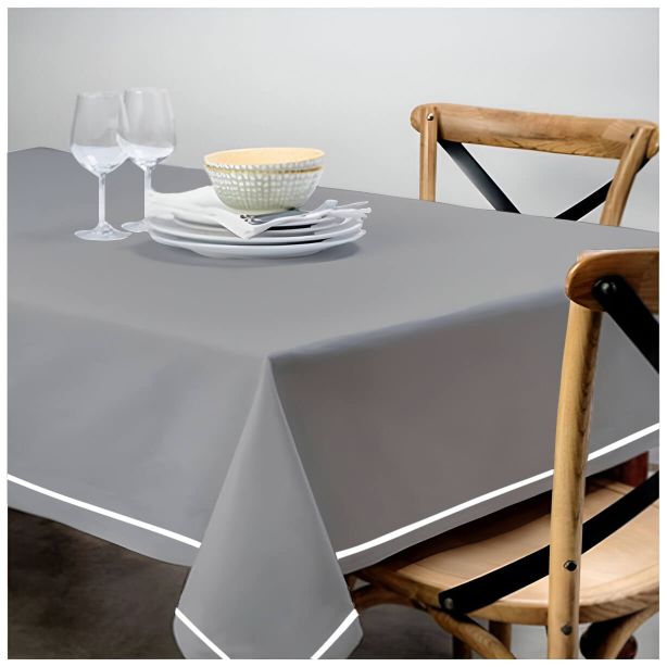Single Embroidery Border Sateen Cotton Solid Table Cloth - Light Grey